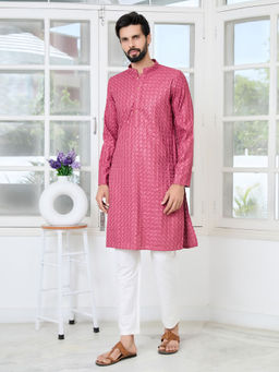 See Designs - Men Pink Embroidered Kurta