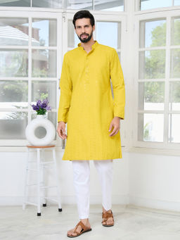 See Designs - Men Yellow Embroidered Kurta