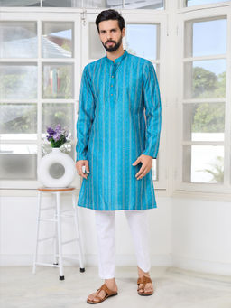 See Designs - Men Blue Embroidered Kurta