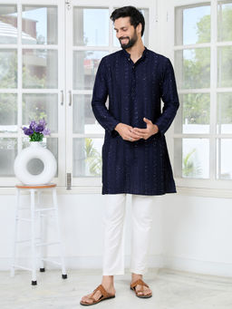 See Designs - Men Navy Blue Embroidered Kurta