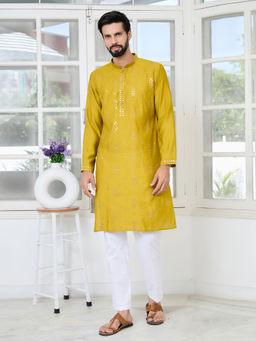 See Designs - Men Mustard Embroidered Kurta