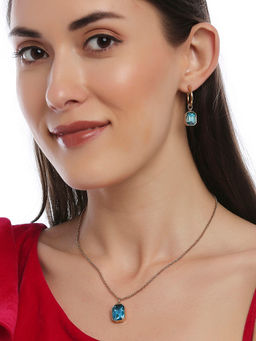 Lilly & Sparkle - Gold Toned Necklace Geometric Blue Stone Studded Pendant and Earrings (Set of 2)