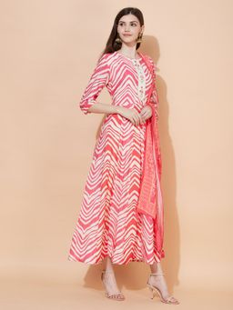 FASHOR - Chevron Printed & Hand Embroidered Anarkali Maxi Dress with Dupatta - Multi (Set of 2)