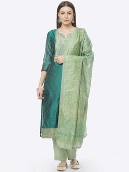 Biba - Turquoise Cotton Silkchanderi Unstitched Suit Set (Set of 3)