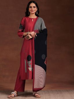 Libas - Maroon Abstract Printed Kurta with Pant and Dupatta (Set of 3)