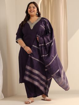 Extra love by Libas - Plus Size Women Purple Embellished Kurta with Pant and Dupatta (Set of 3)
