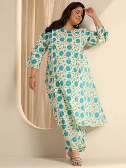 Extra love by Libas - Plus Size Women Plus Size Off White Blue Floral Kurta with Pant