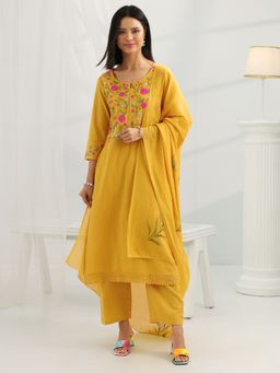 Libas - Mustard Floral Embroidered Kurta with Pant and Dupatta (Set of 3)