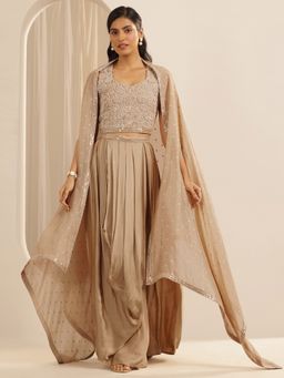 Libas Art - Beige Embellished Top And Pleated Skirt And Cape (Set of 3)