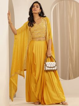 Libas Art - Mustard Embellished Top And Pleated Skirt And Shrug (Set of 3)