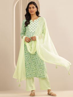 Libas - Green Floral Printed Straight Kurta With Pant And Dupatta (Set of 3)