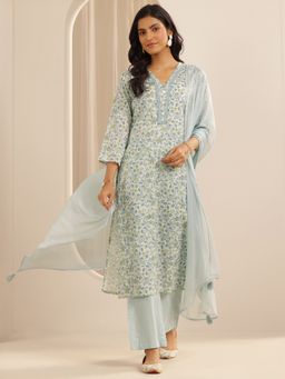 Libas - Blue Floral Printed Straight Kurta With Pant And Dupatta (Set of 3)
