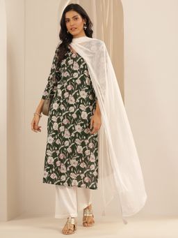 Libas - Green Floral Printed Straight Kurta With Pant And Dupatta (Set of 3)