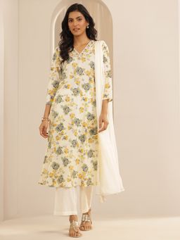 Libas - Off White Floral Printed Straight Kurta With Pant And Dupatta (Set of 3)