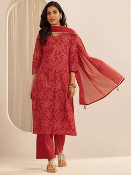 Libas - Red Floral Printed Straight Kurta With Pant And Dupatta (Set of 3)