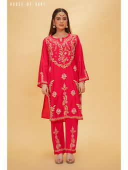 HOUSE OF KARI - In Muslin Chikankari Kurta and Pant- Pink (Set of 2)