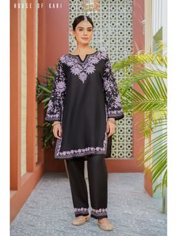 HOUSE OF KARI - Kashmiri Aari Work Cotton Kurta and Pant - Black With Purple (Set of 2)