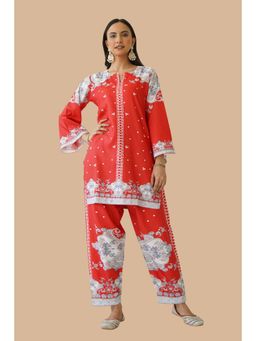 HOUSE OF KARI - Printkari Poly Muslin Co-Ord In Red (Set of 2)