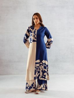 KAFTANIZE - Navy Blue and Cream Floral Printed Kurta with Palazzo (Set of 2)