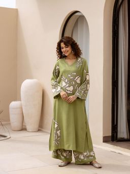 KAFTANIZE - Sage Green Floral Printed Kurta with Palazzo (Set of 2)