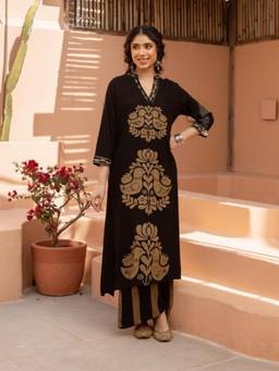 KAFTANIZE - Black Golden Bird Kurta with Palazzo (Set of 2)
