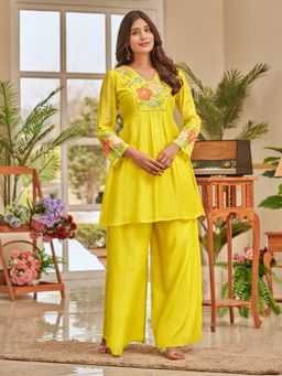 Varanga - Yellow Floral Embroidered Yoke Flared Kurti With Palazzo (Set of 2)