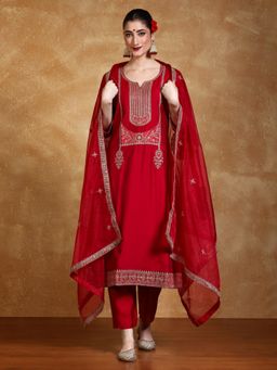 Varanga - Red Zari Embroidered A Line Kurta With Pant And Dupatta (Set of 3)