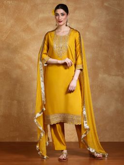 Varanga - Mustard Zari Embroidered Kurta With Pant And Dupatta (Set of 3)