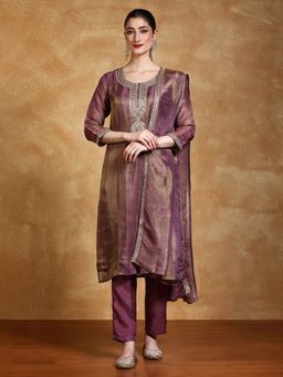 Varanga - Mauve Zari Embroidered Kurta With Pant And Dupatta (Set of 3)