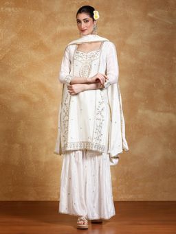 Varanga - White Zari Embroidered Kurta With Sharara And Dupatta (Set of 3)