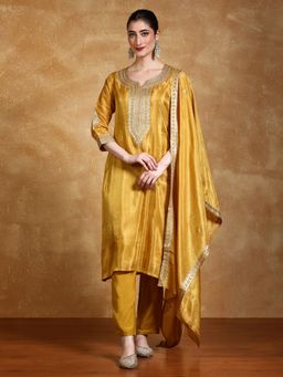 Varanga - Mustard Zari Embroidered Kurta With Pant And Dupatta (Set of 3)