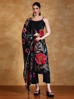 Varanga - Black Bold Floral Printed Kurta With Pant And Dupatta (Set of 3)