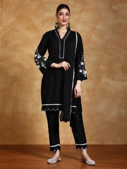 Varanga - Black 3D Work On The Sleeves Kurta With Pant And Dupatta (Set of 3)