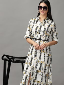 SHOWOFF - Womens Shirt Collar Midi Off White Printed Dress