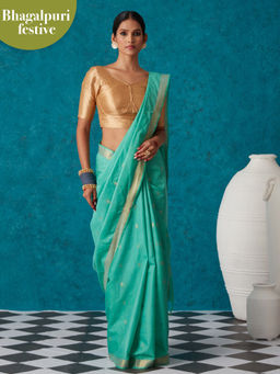 Likha - Green Bhagalpuri Festive Linen Zari Saree & Unstitched Blouse LIKSAR38 (Free Size)