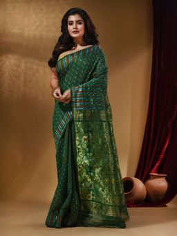 Arhi - Green Cotton Handwoven jamdhani Saree with Woven Buttas and Floral Designs