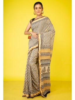 Unnati Silks - Blue Pure Bagru Mulmul Cotton Saree with Unstitched Blouse