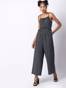 FabAlley - Black Polka Strappy Smocked Waist Jumpsuit