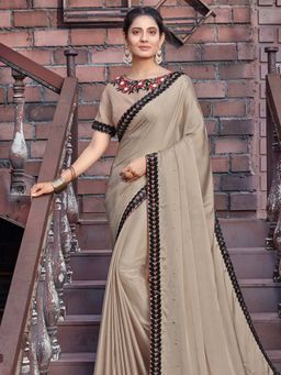 Odette - Beige Colour Silk Georgette Embroidered Saree with Unstitched Blouse