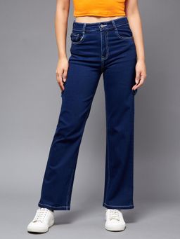 Miss Chase - Women's Navy Blue Wide leg High rise Clean look Regular Stretchable Denim Jeans