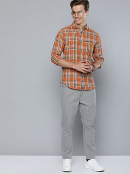The Indian Garage Co - Men Slim Fit Checkered Full Sleeves Cutaway Collar Casual Shirt - Orange