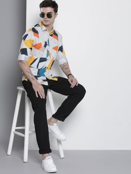 The Indian Garage Co - Men Slim Fit Geometric Full Sleeves Cutaway Collar Party Wear Shirt - White