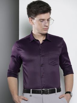 The Indian Garage Co - Men Slim Fit Solid Full Sleeves Cutaway Collar Formal Shirt - Purple