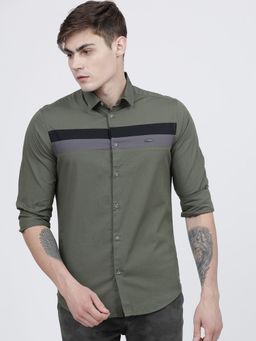 The Indian Garage Co - Men Slim Fit Print Full Sleeves Collar Casual Shirt - Olive