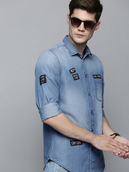 The Indian Garage Co - Men Slim Fit Solid Full Sleeves Cutaway Collar Casual Denim Shirt - Blue