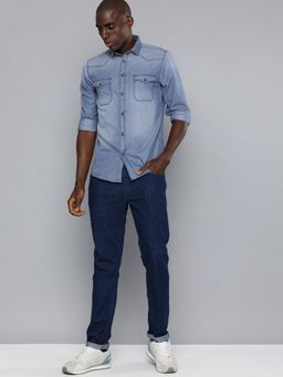 The Indian Garage Co - Men Slim Fit Solid Full Sleeves Cutaway Collar Casual Denim Shirt - Blue