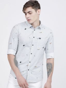 The Indian Garage Co - Men Slim Fit Striped Full Sleeves Cutaway Collar Casual Shirt - White