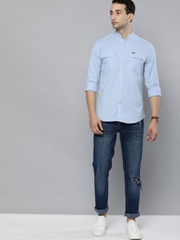 The Indian Garage Co - Men Slim Fit Solid Full Sleeves Mandarin Collar Casual Shirt - Blue