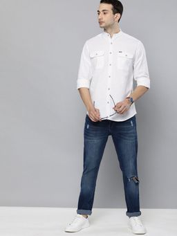 The Indian Garage Co - Men Slim Fit Solid Full Sleeves Mandarin Collar Casual Shirt - White