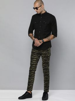 The Indian Garage Co - Men Slim Fit Solid Full Sleeves Mandarin Collar Casual Shirt - Black